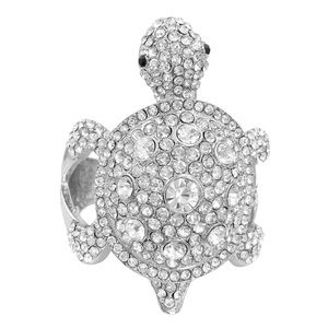 Large Sea Turtle Rhinestone Statement Silver Hinged Bangle Bracelet